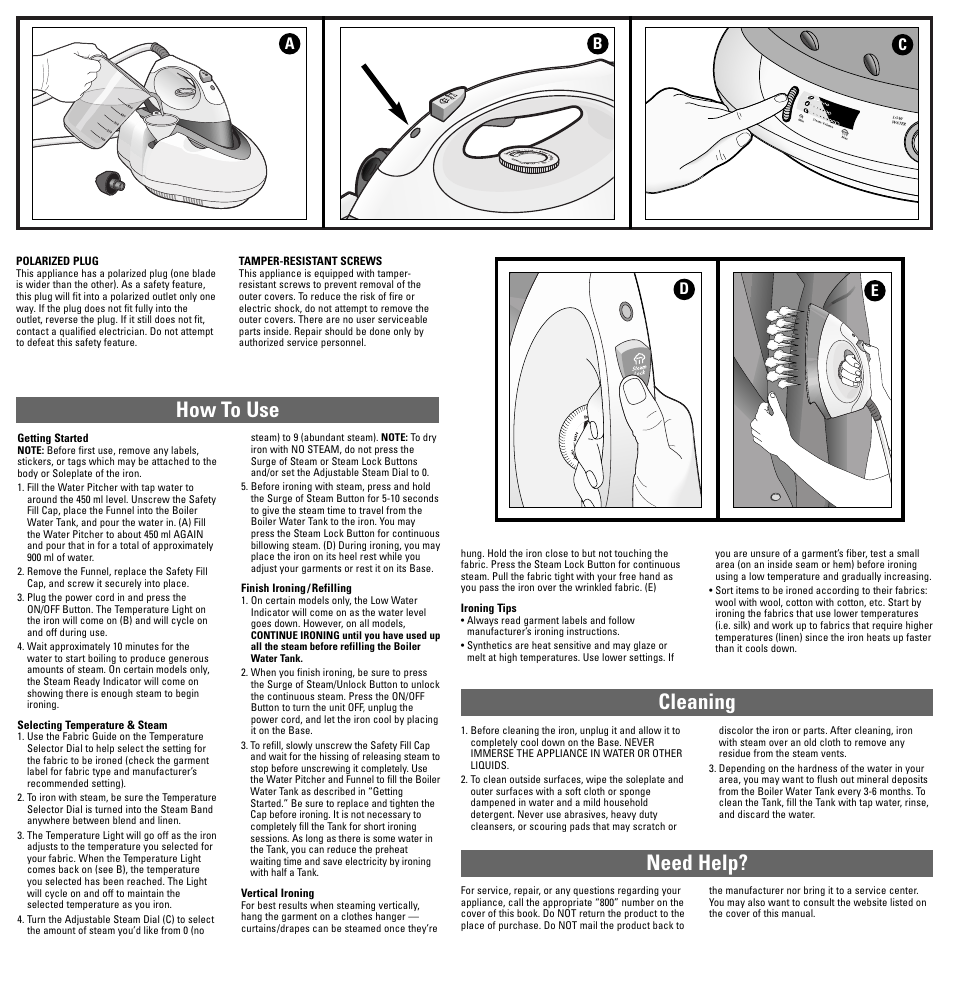 How to use cleaning need help, Ab c d e | Black & Decker SG100 Series User Manual | Page 2 / 2