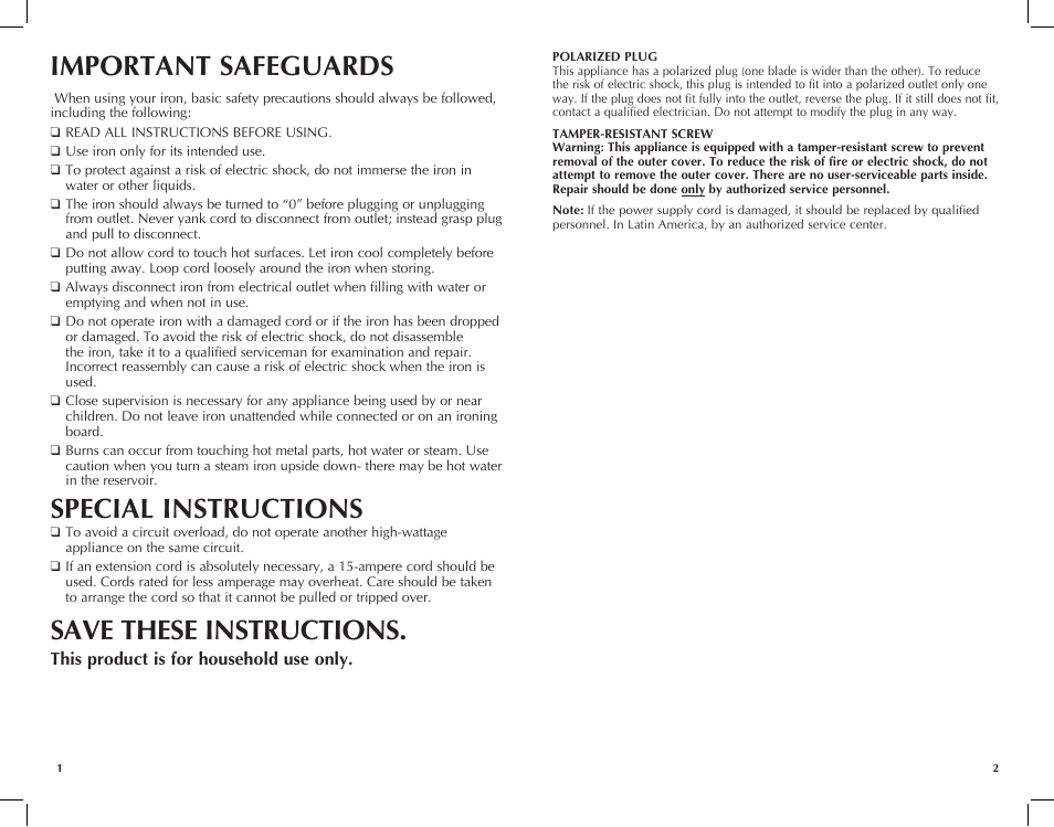 Important safeguards, Special instructions, Save these instructions | This product is for household use only | Black & Decker F1050 User Manual | Page 2 / 15