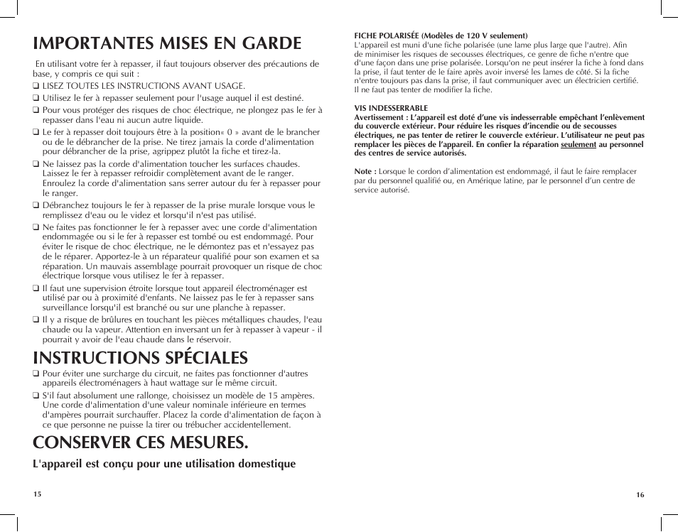 Importantes mises en garde, Instructions spéciales, Conserver ces mesures | Black & Decker F1050 User Manual | Page 9 / 15