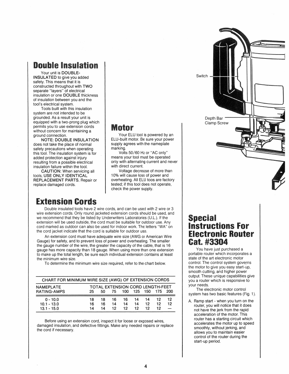 Double insulation, Extension cords, Motor | Black & Decker ELU 3303 User Manual | Page 4 / 8