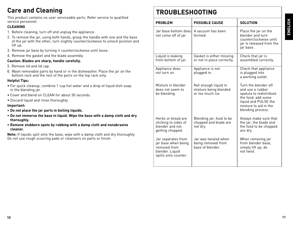 Troubleshooting, Care and cleaning | Black & Decker CYCLONE BLC12600BUC User Manual | Page 6 / 19