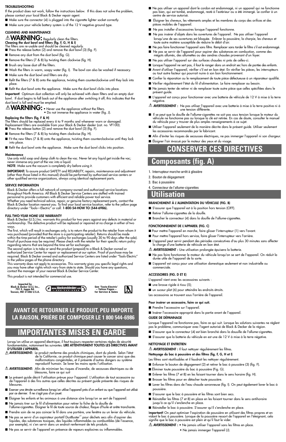 Utilisation, Warning | Black & Decker AV1600 User Manual | Page 2 / 4