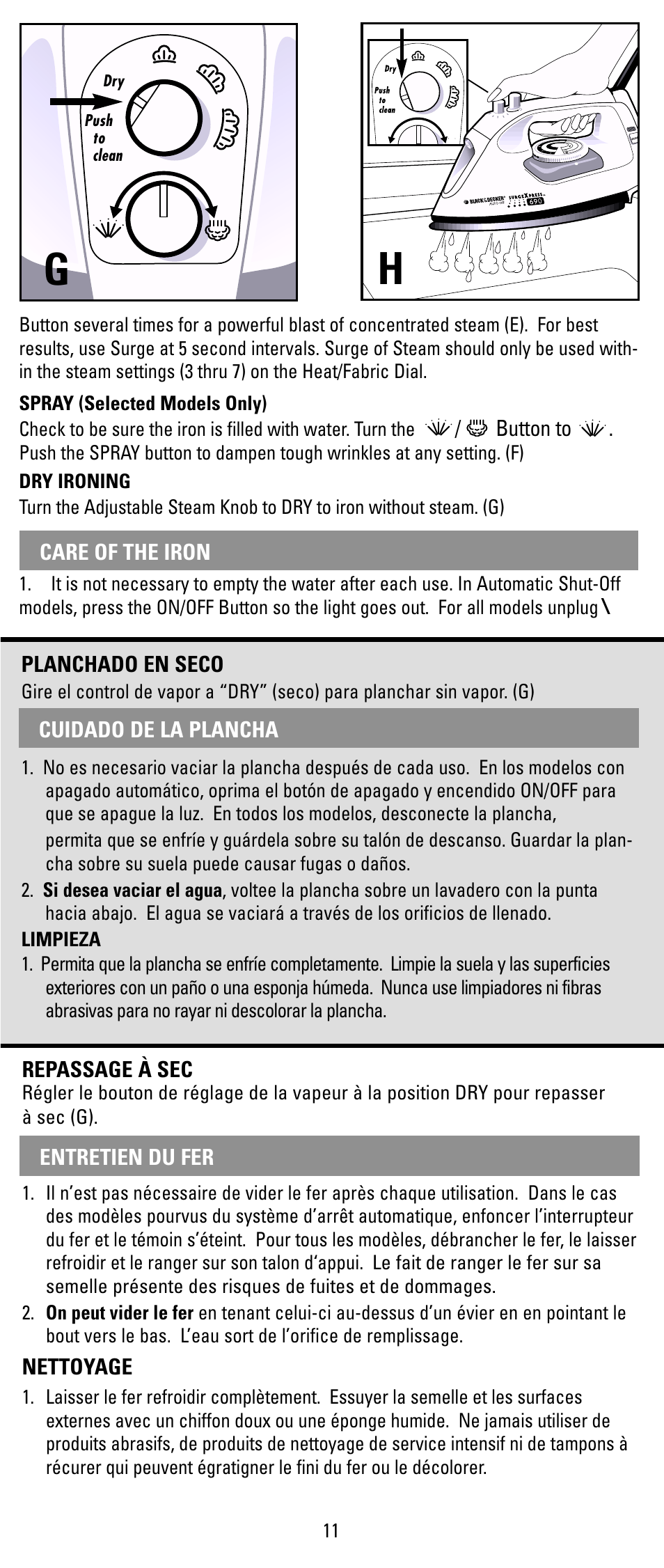 Care of the iron, Cuidado, Entretien | Black & Decker X500 Series User Manual | Page 11 / 12