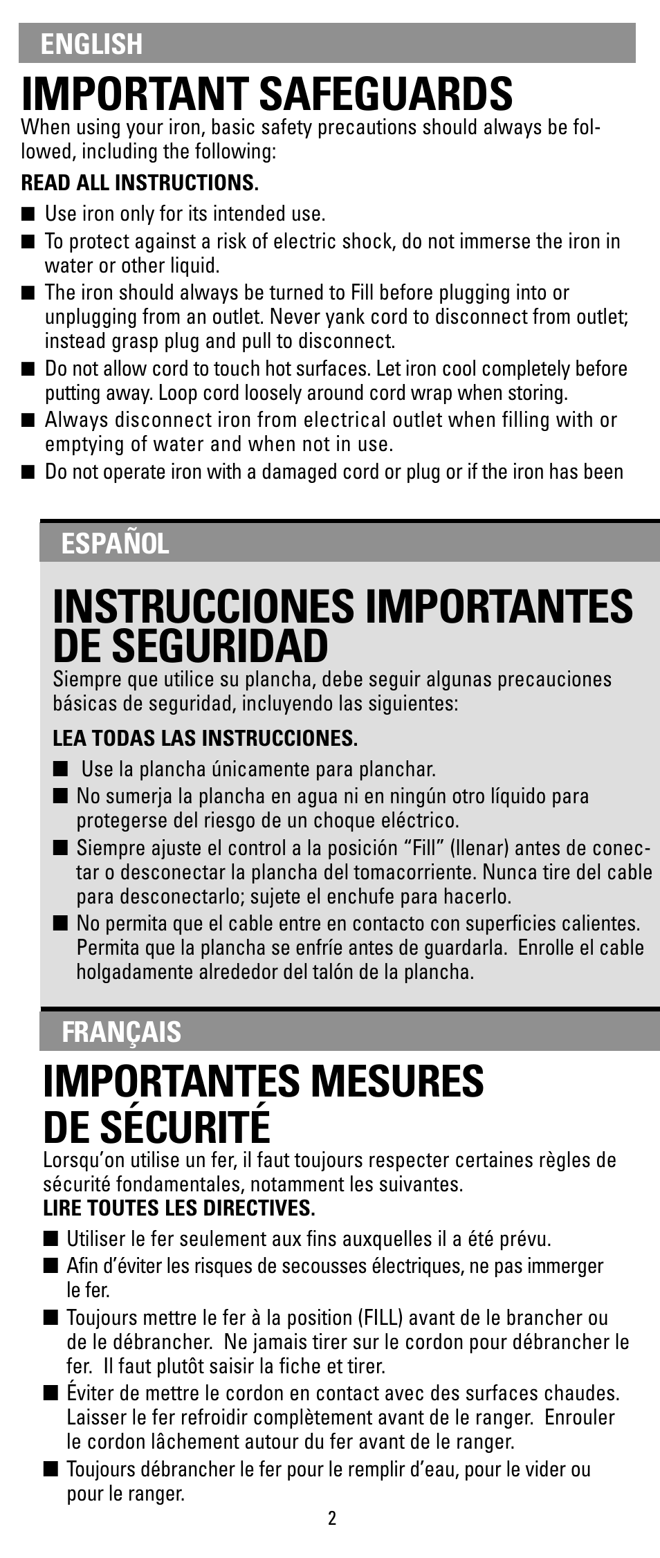 Safegaurds, Instrucciones, Mesures de securite | Important safeguards, Instrucciones importantes de seguridad, Importantes mesures de sécurité, Español, Français english | Black & Decker X500 Series User Manual | Page 2 / 12