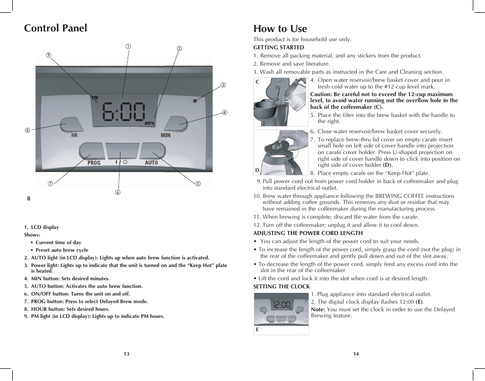 Control panel, How to use | Black & Decker DCM2161B User Manual | Page 8 / 13