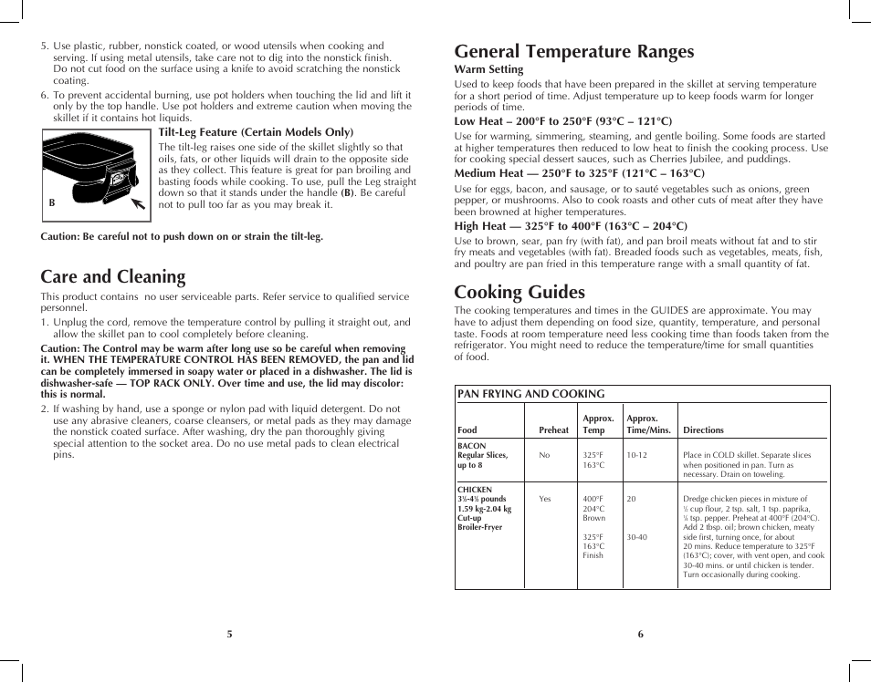 Care and cleaning, General temperature ranges, Cooking guides | Black & Decker SK200C User Manual | Page 4 / 17