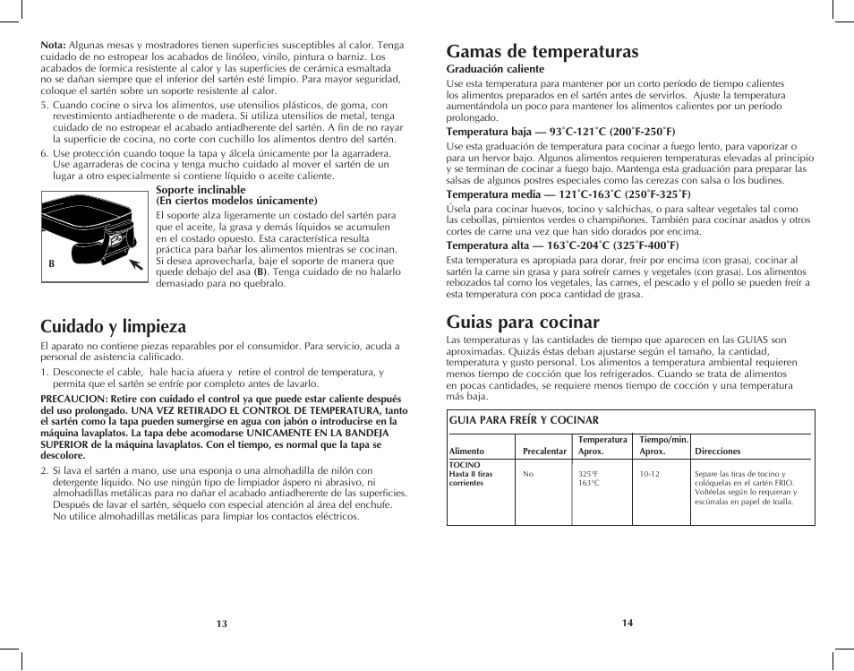 Cuidado y limpieza, Gamas de temperaturas, Guias para cocinar | Black & Decker SK200C User Manual | Page 8 / 17