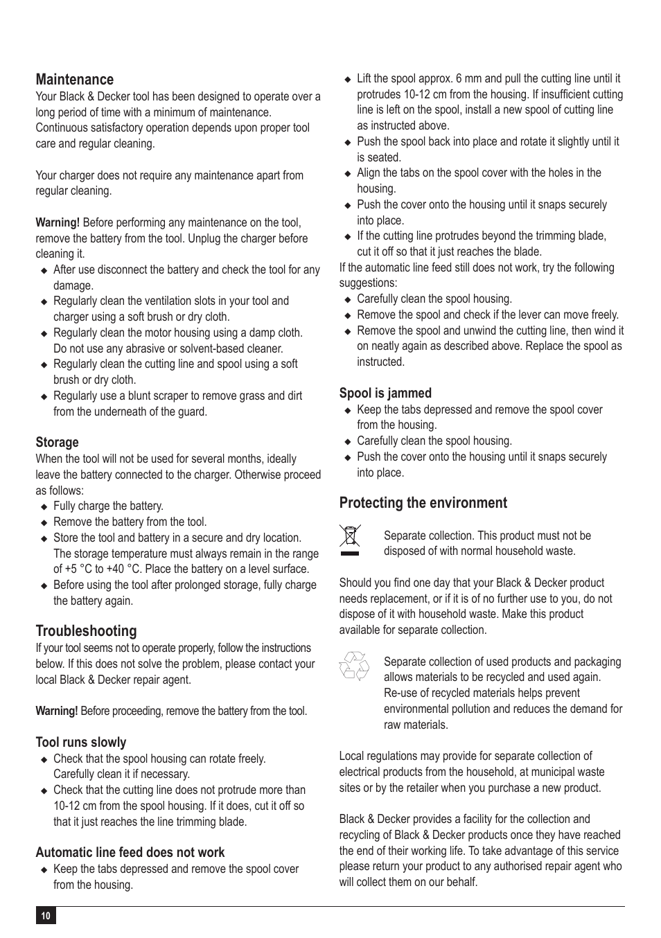 Maintenance, Troubleshooting, Protecting the environment | Black & Decker GLC2500L User Manual | Page 10 / 16