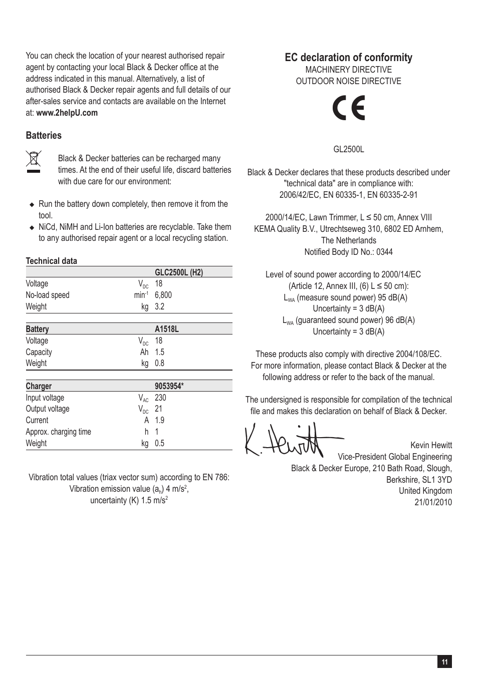 Ec declaration of conformity | Black & Decker GLC2500L User Manual | Page 11 / 16