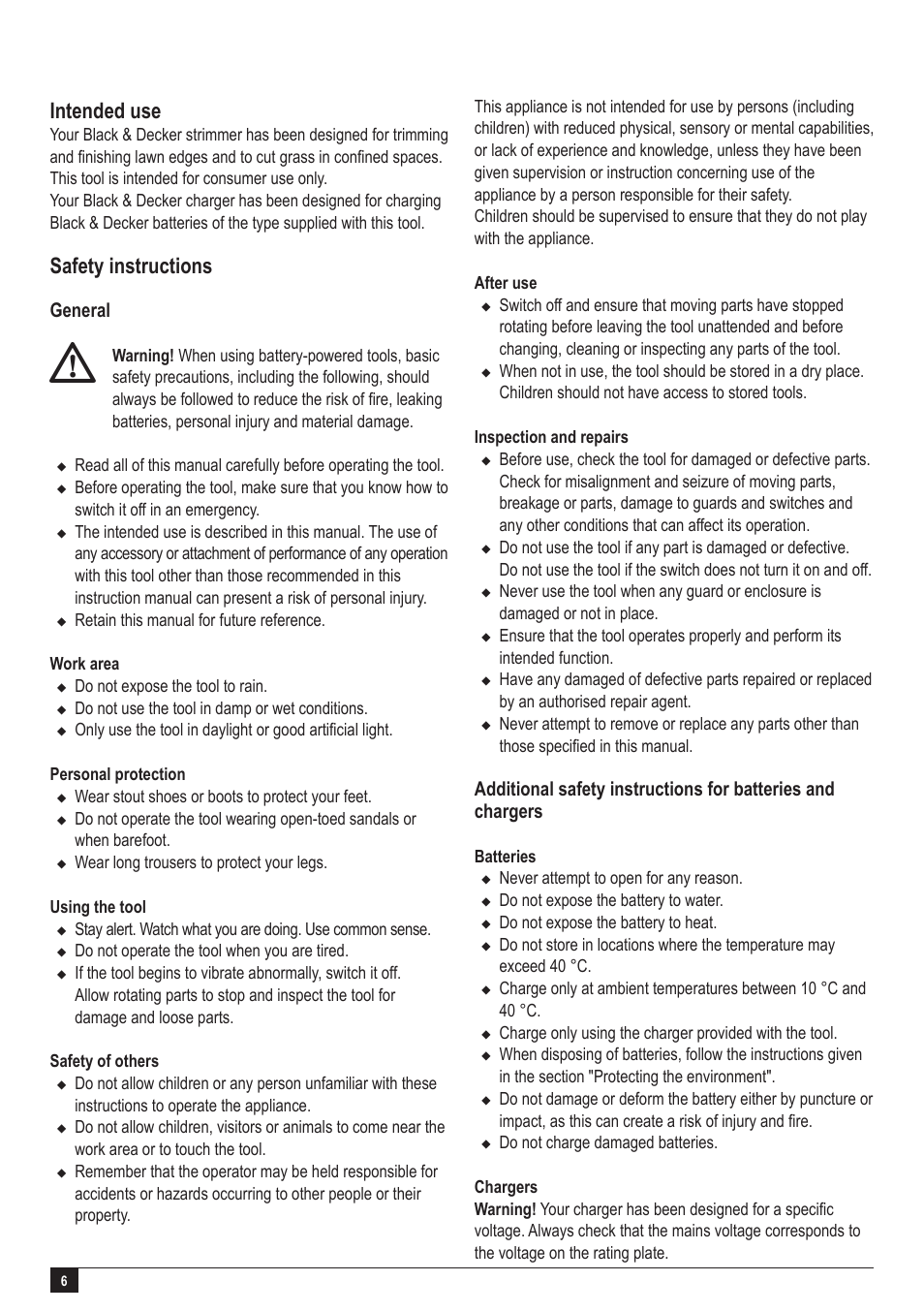 Intended use, Safety instructions, General | Black & Decker GLC2500L User Manual | Page 6 / 16