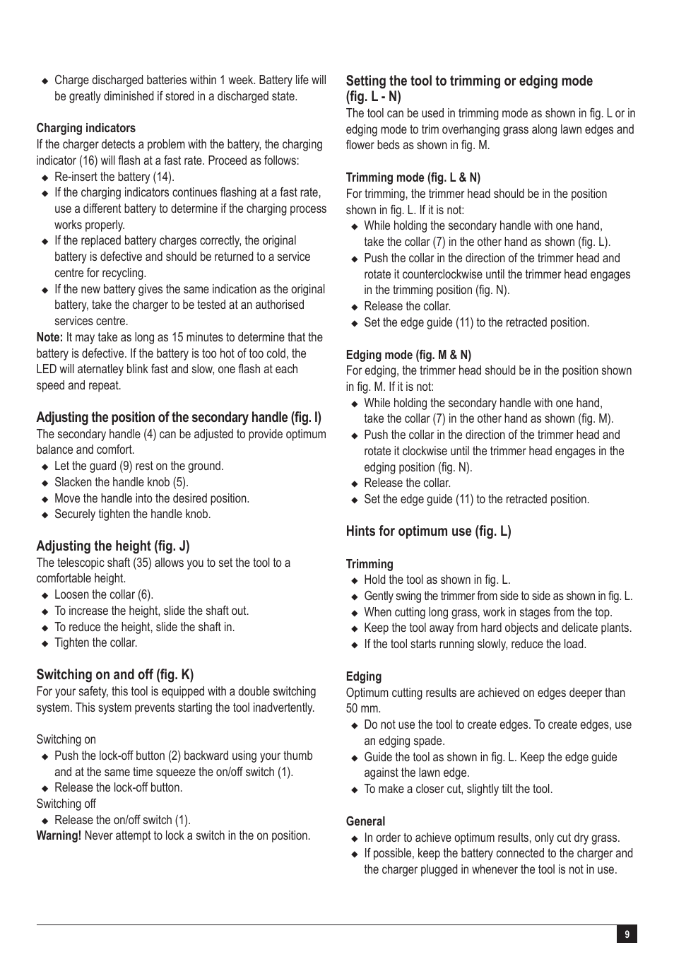 Adjusting the height (fig. j), Switching on and off (fig. k), Hints for optimum use (fig. l) | Black & Decker GLC2500L User Manual | Page 9 / 16