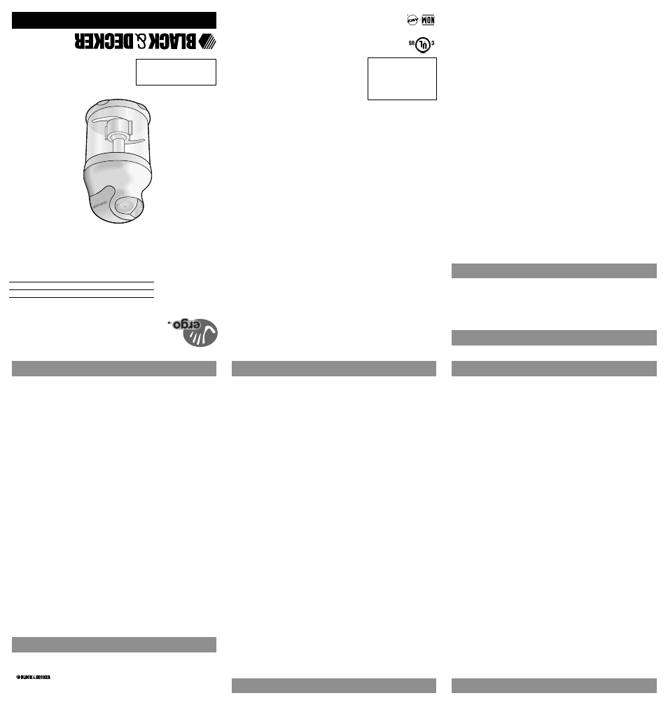 Choppers cortadores, Hachoirs, Cuidado y limpieza | Entretien et nettoyage, Save these instructions | Black & Decker EHC700 User Manual | Page 2 / 3