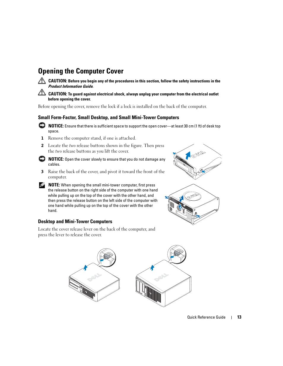 Opening the computer cover, Desktop and mini-tower computers | Dell OptiPlex GX280 User Manual | Page 13 / 108