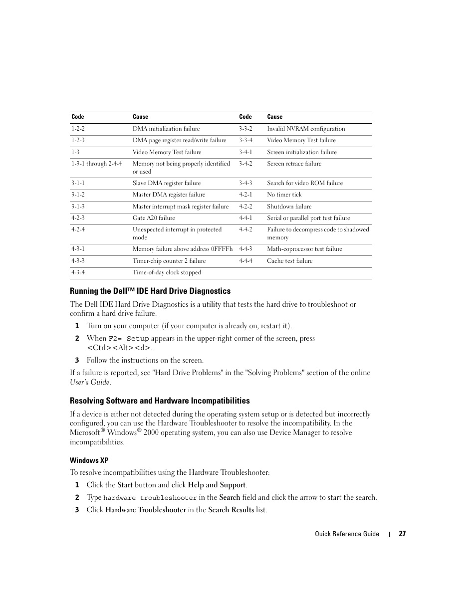 Running the dell™ ide hard drive diagnostics, Resolving software and hardware incompatibilities | Dell OptiPlex GX280 User Manual | Page 27 / 108