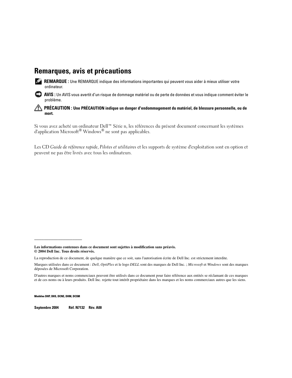Remarques, avis et précautions | Dell OptiPlex GX280 User Manual | Page 38 / 108