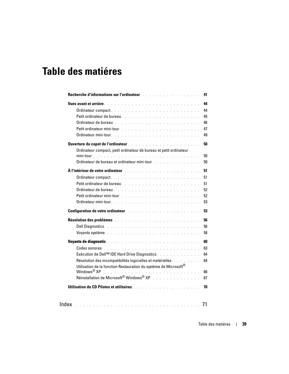 Table des matiéres, Index | Dell OptiPlex GX280 User Manual | Page 39 / 108