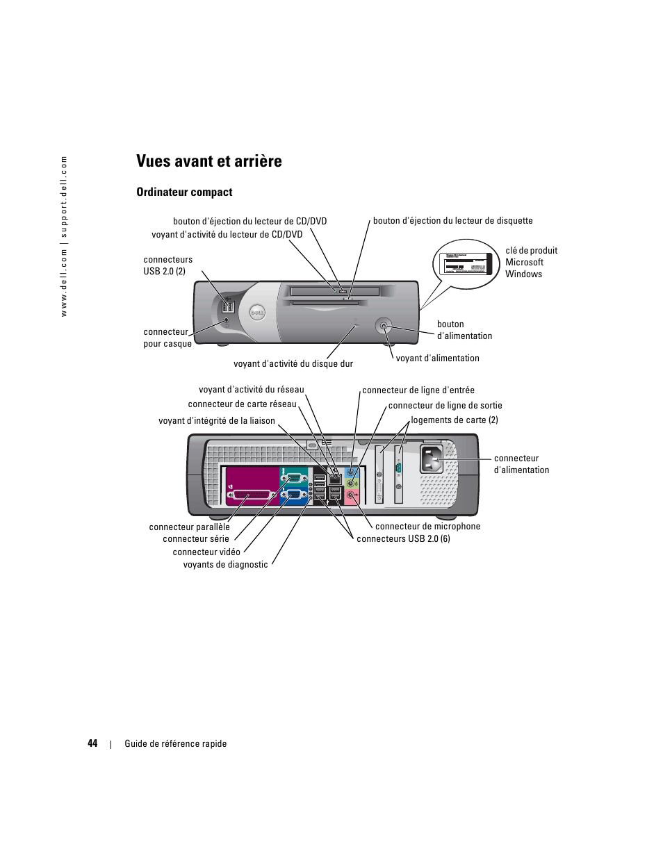 Vues avant et arrière, Ordinateur compact | Dell OptiPlex GX280 User Manual | Page 44 / 108