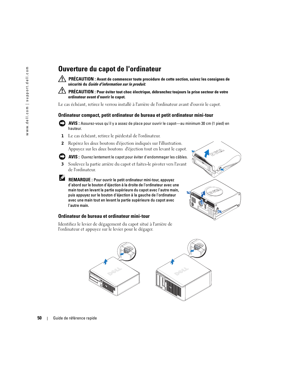 Ouverture du capot de l'ordinateur, Ordinateur de bureau et ordinateur mini-tour | Dell OptiPlex GX280 User Manual | Page 50 / 108