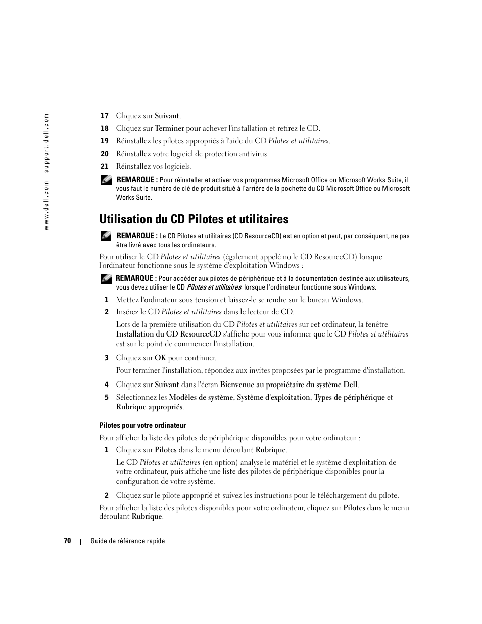 Utilisation du cd pilotes et utilitaires | Dell OptiPlex GX280 User Manual | Page 70 / 108