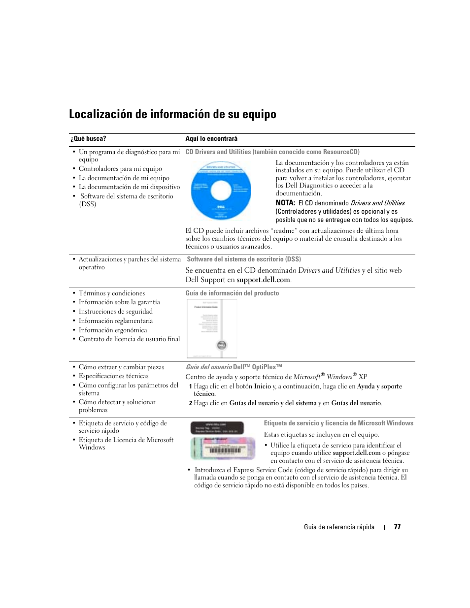 Localización de información de su equipo | Dell OptiPlex GX280 User Manual | Page 77 / 108