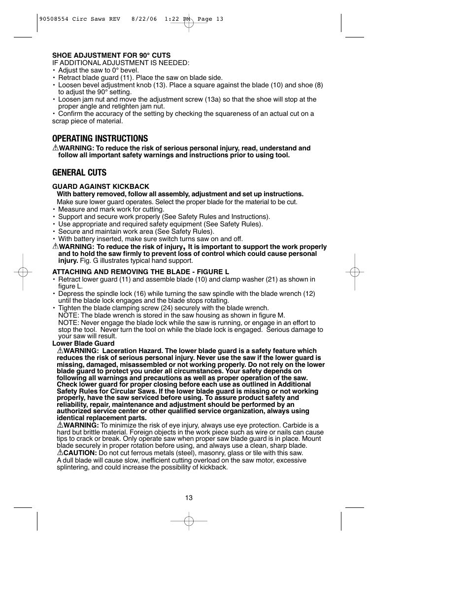Operating instructions, General cuts | Black & Decker FIRESTORM FS1807CS User Manual | Page 13 / 56