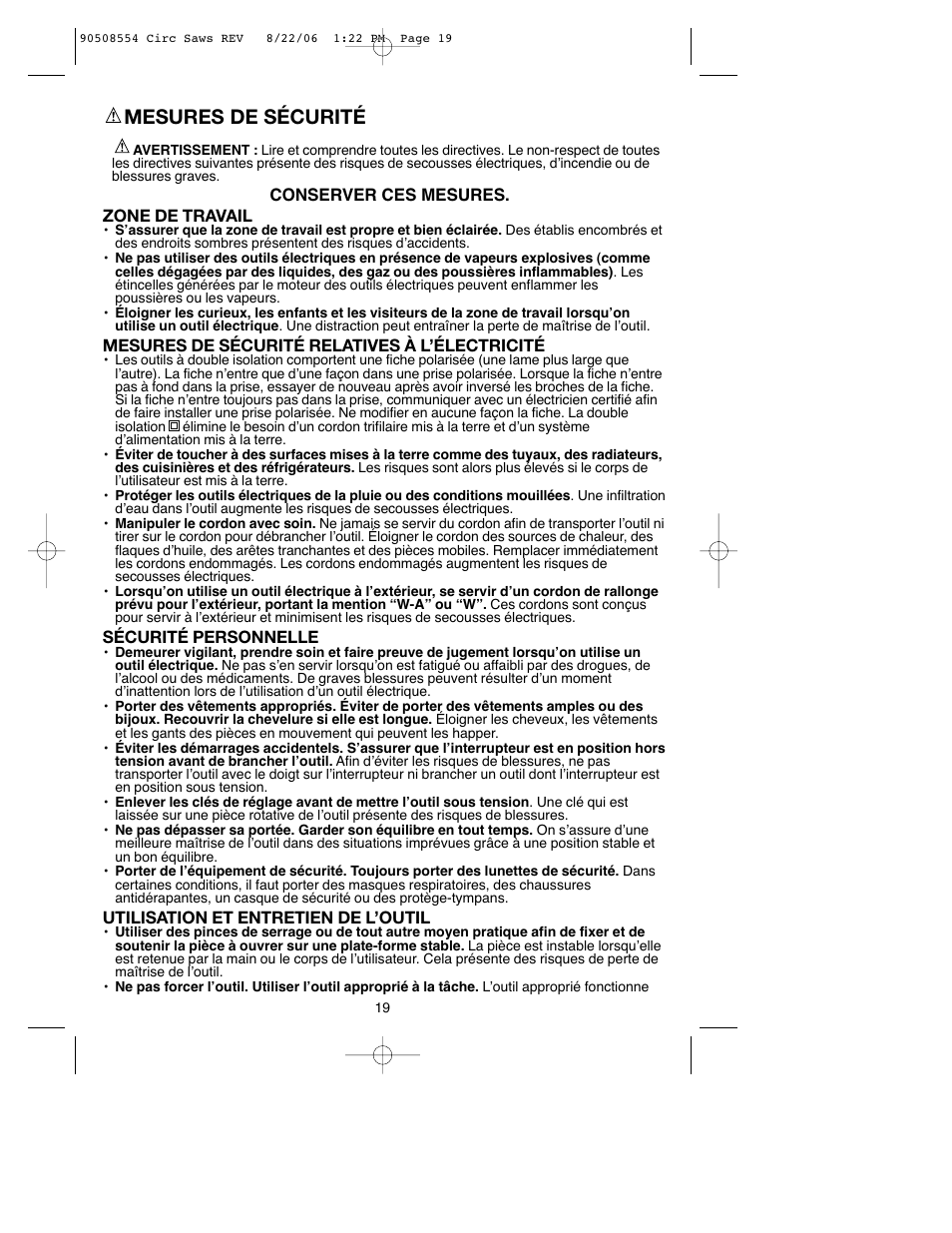 Mesures de sécurité | Black & Decker FIRESTORM FS1807CS User Manual | Page 19 / 56