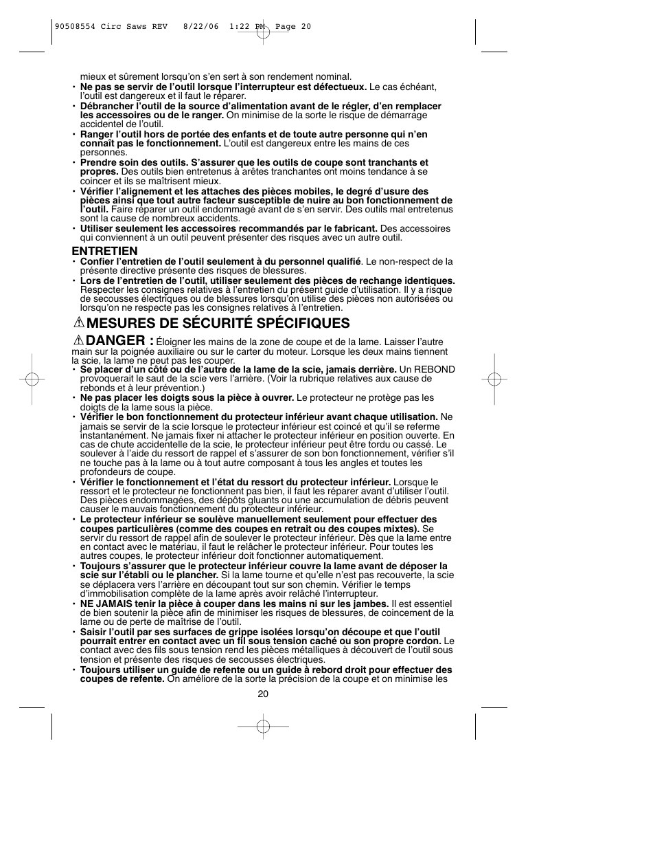 Mesures de sécurité spécifiques danger | Black & Decker FIRESTORM FS1807CS User Manual | Page 20 / 56