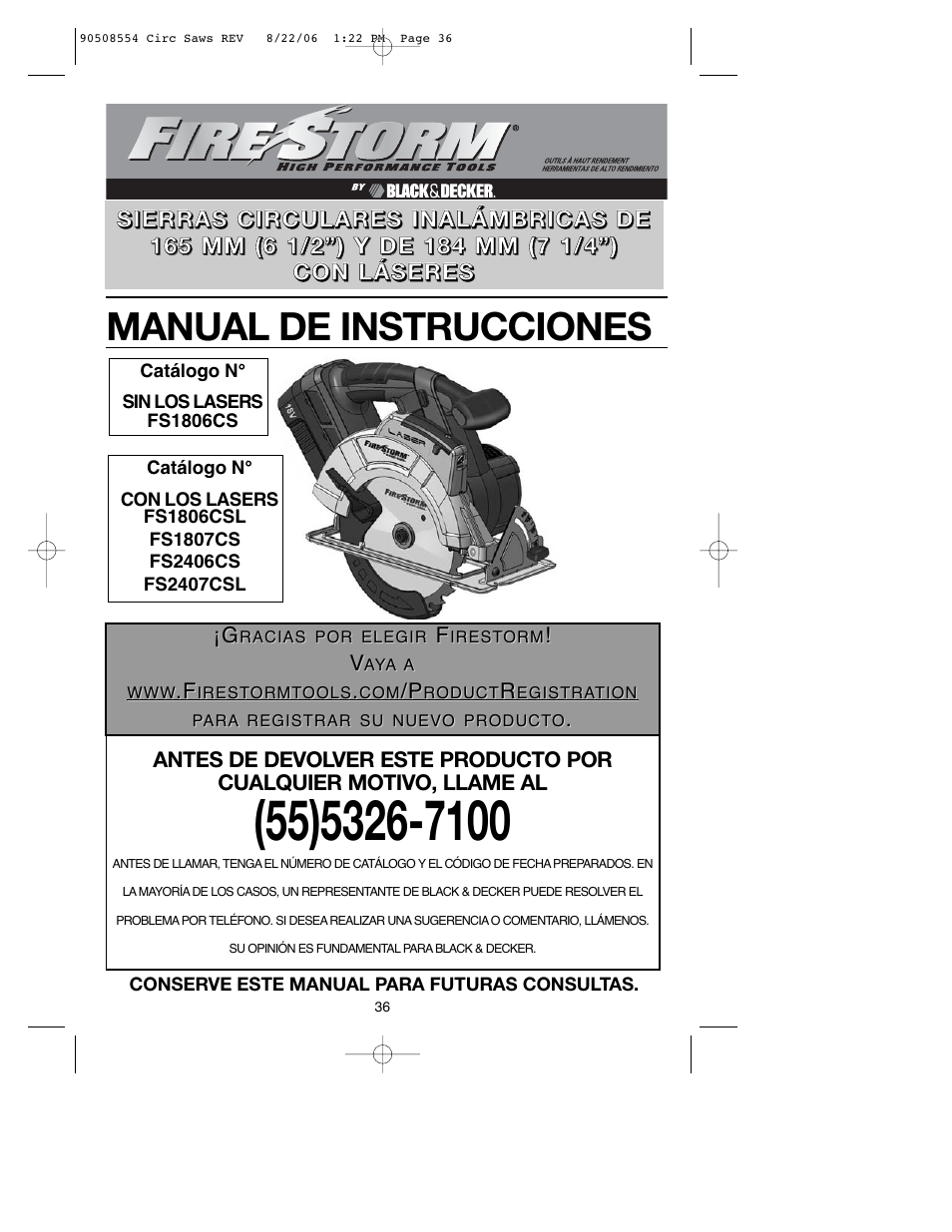 Manual de instrucciones | Black & Decker FIRESTORM FS1807CS User Manual | Page 36 / 56