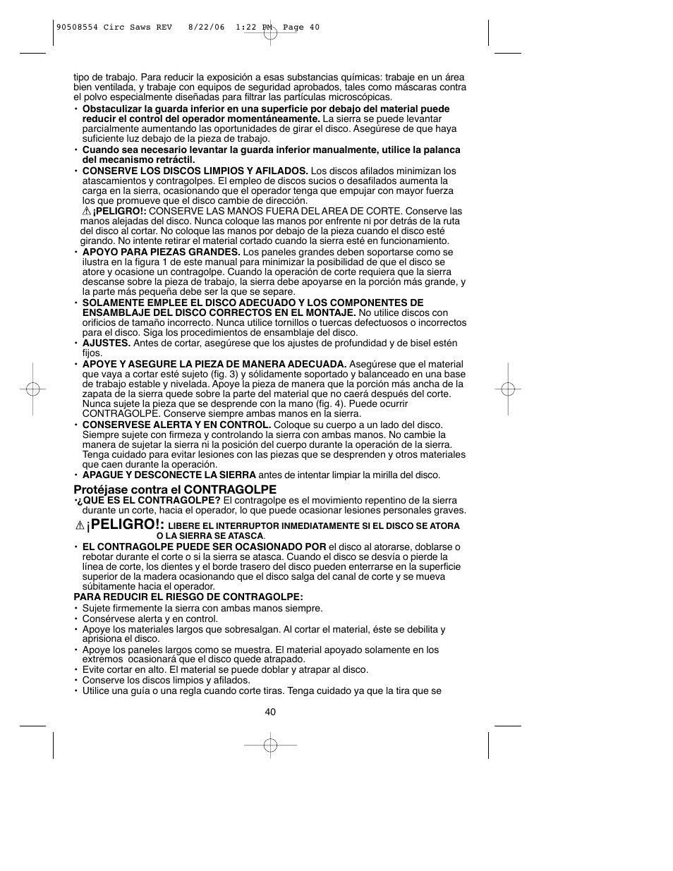 Peligro | Black & Decker FIRESTORM FS1807CS User Manual | Page 40 / 56