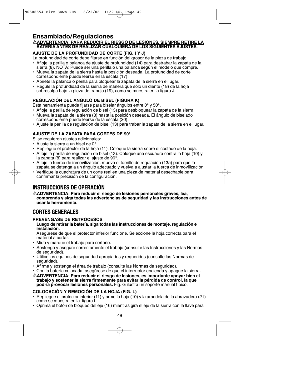 Ensamblado/regulaciones, Instrucciones de operación, Cortes generales | Black & Decker FIRESTORM FS1807CS User Manual | Page 49 / 56
