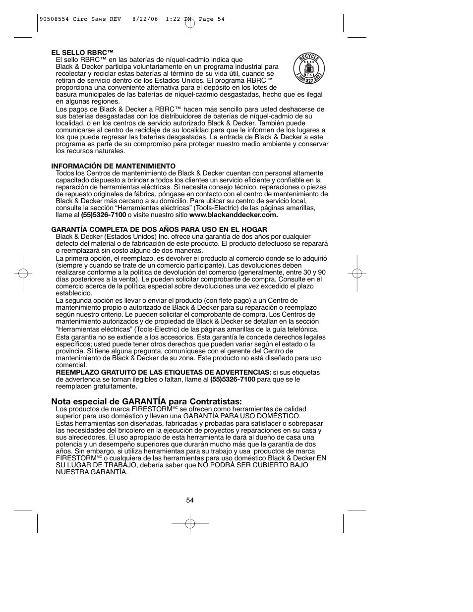 Nota especial de garantía para contratistas | Black & Decker FIRESTORM FS1807CS User Manual | Page 54 / 56