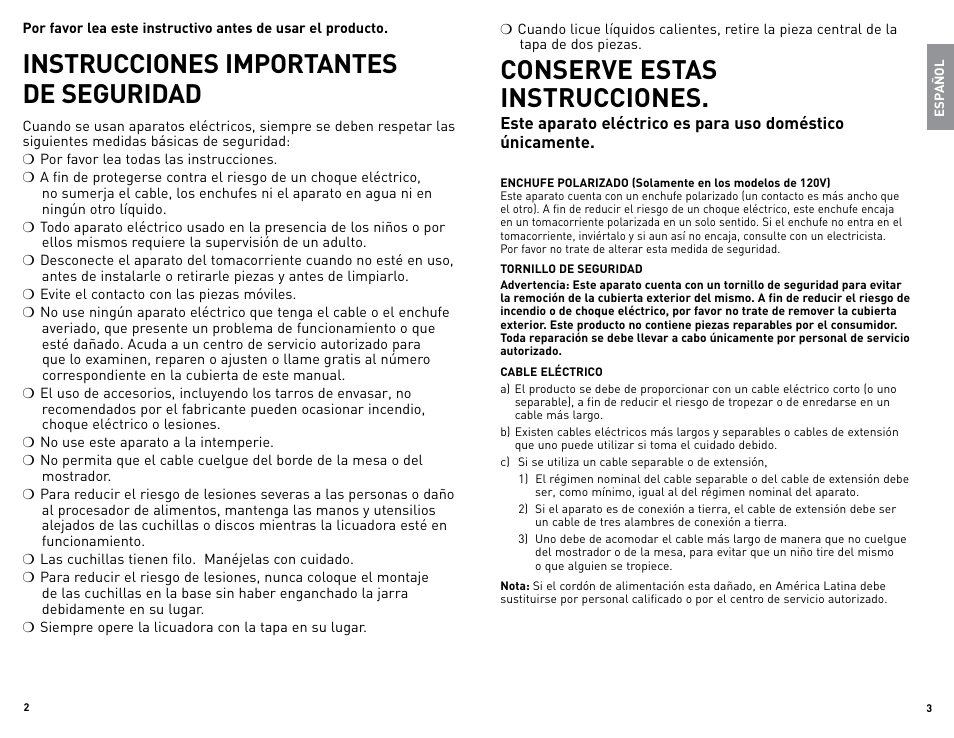 Instrucciones importantes de seguridad, Conserve estas instrucciones | Black & Decker BLBD25LAUC User Manual | Page 2 / 17