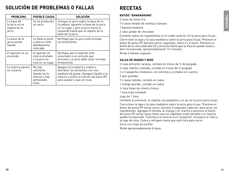 Solución de problemas o fallas, Recetas | Black & Decker BLBD25LAUC User Manual | Page 6 / 17