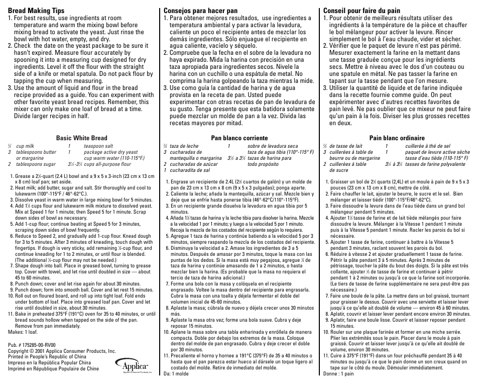 Conseil pour faire du pain, Bread making tips, Consejos para hacer pan | Basic white bread, Pan blanco corriente, Pain blanc ordinaire | Black & Decker MX95K User Manual | Page 2 / 2