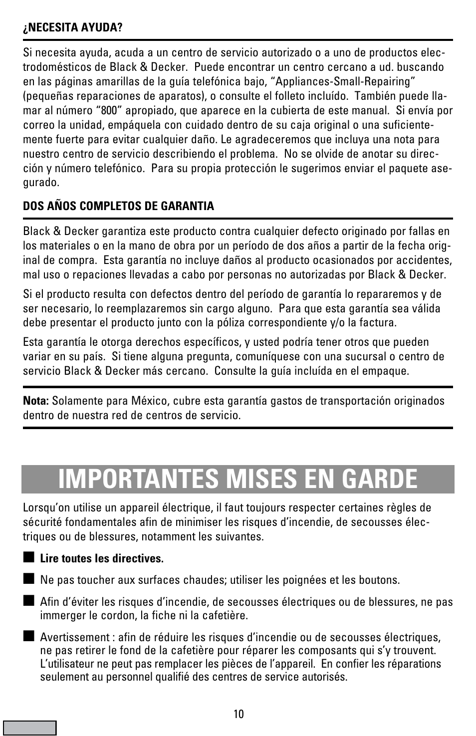 Mises en garde, Cafetière, Importantes mises en garde | Black & Decker DCM19 User Manual | Page 10 / 16