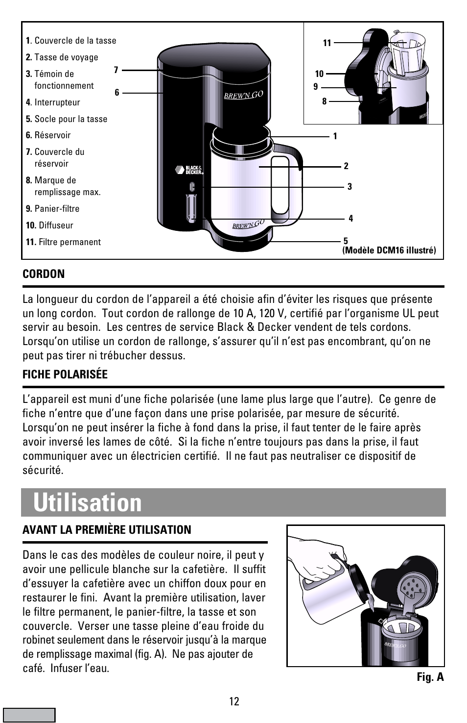 Utilisation, Cover | Black & Decker DCM19 User Manual | Page 12 / 16