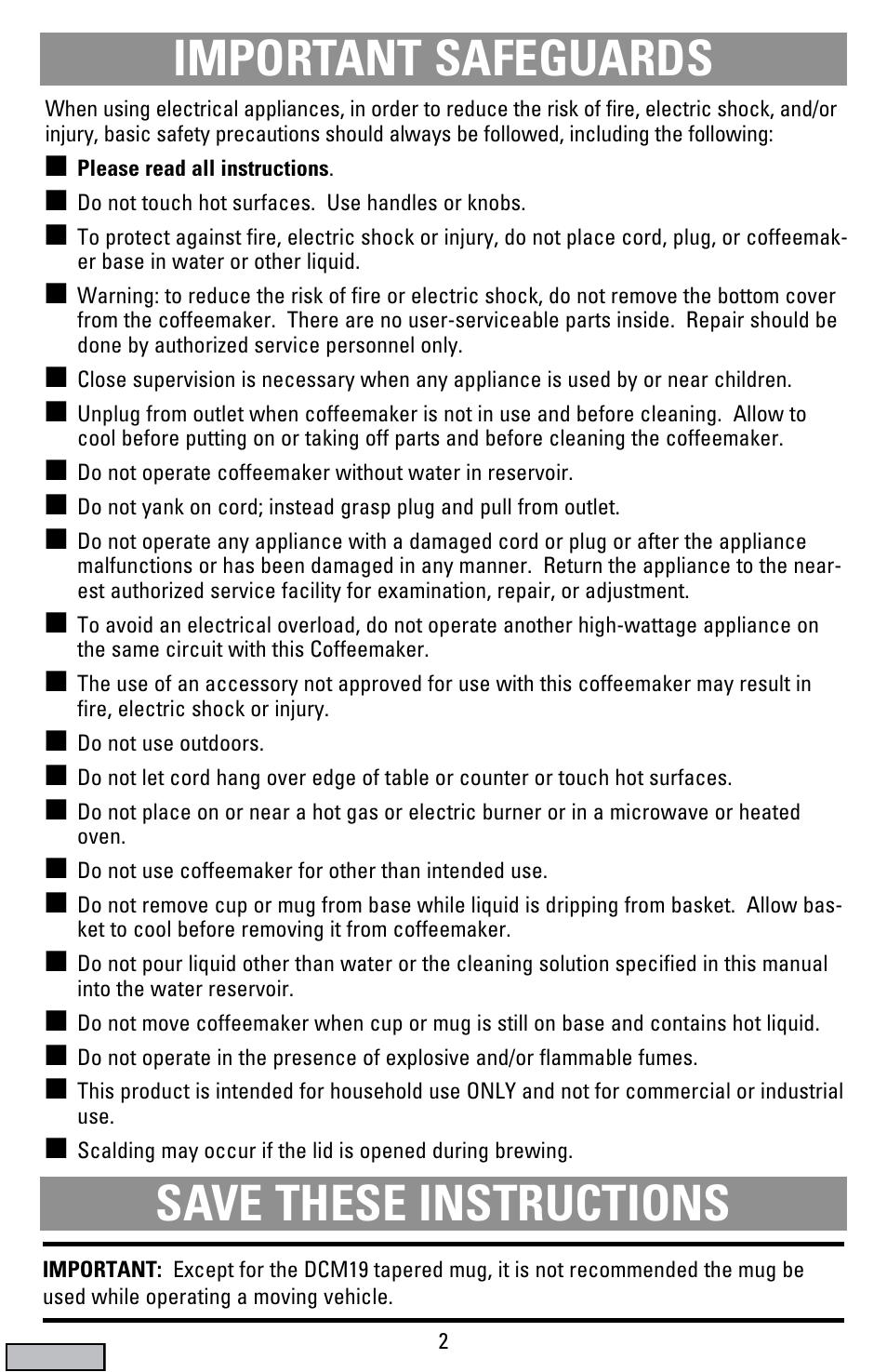 Safegaurds, Coffeemaker, Important safeguards | Save these instructions | Black & Decker DCM19 User Manual | Page 2 / 16