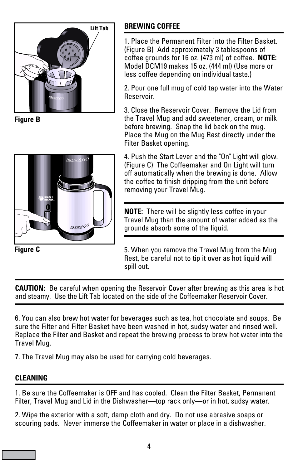 Brewing coffee, Cleaning | Black & Decker DCM19 User Manual | Page 4 / 16