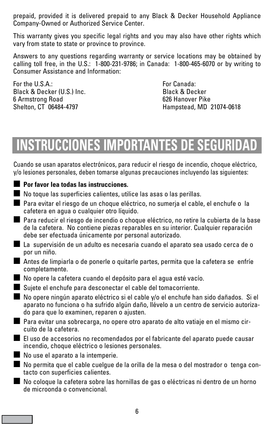 Instrucciones, Cafetera, Instrucciones importantes de seguridad | Black & Decker DCM19 User Manual | Page 6 / 16