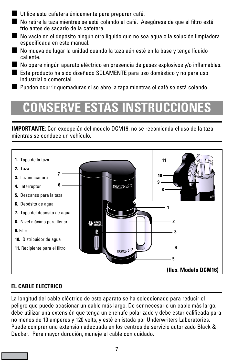 Conserve estas instrucciones, Ilus. modelo dcm16) | Black & Decker DCM19 User Manual | Page 7 / 16