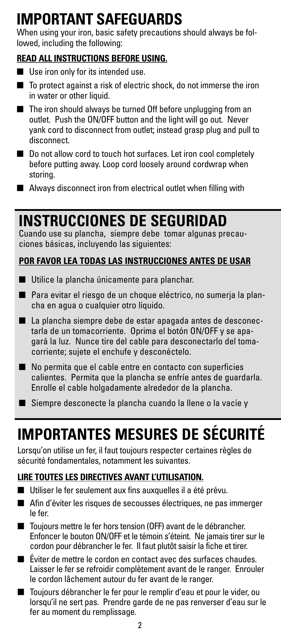 Safgaurds, Instrucciones, Mesures de securite | Important safeguards, Instrucciones de seguridad, Importantes mesures de sécurité | Black & Decker X700 User Manual | Page 2 / 16