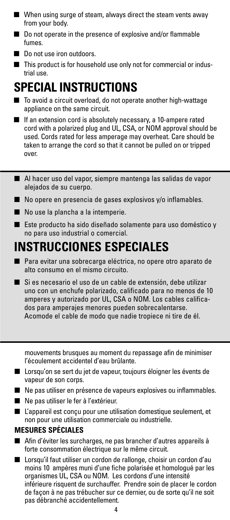 Special instructions, Instrucciones especiales, Mesures speciales | Black & Decker X700 User Manual | Page 4 / 16