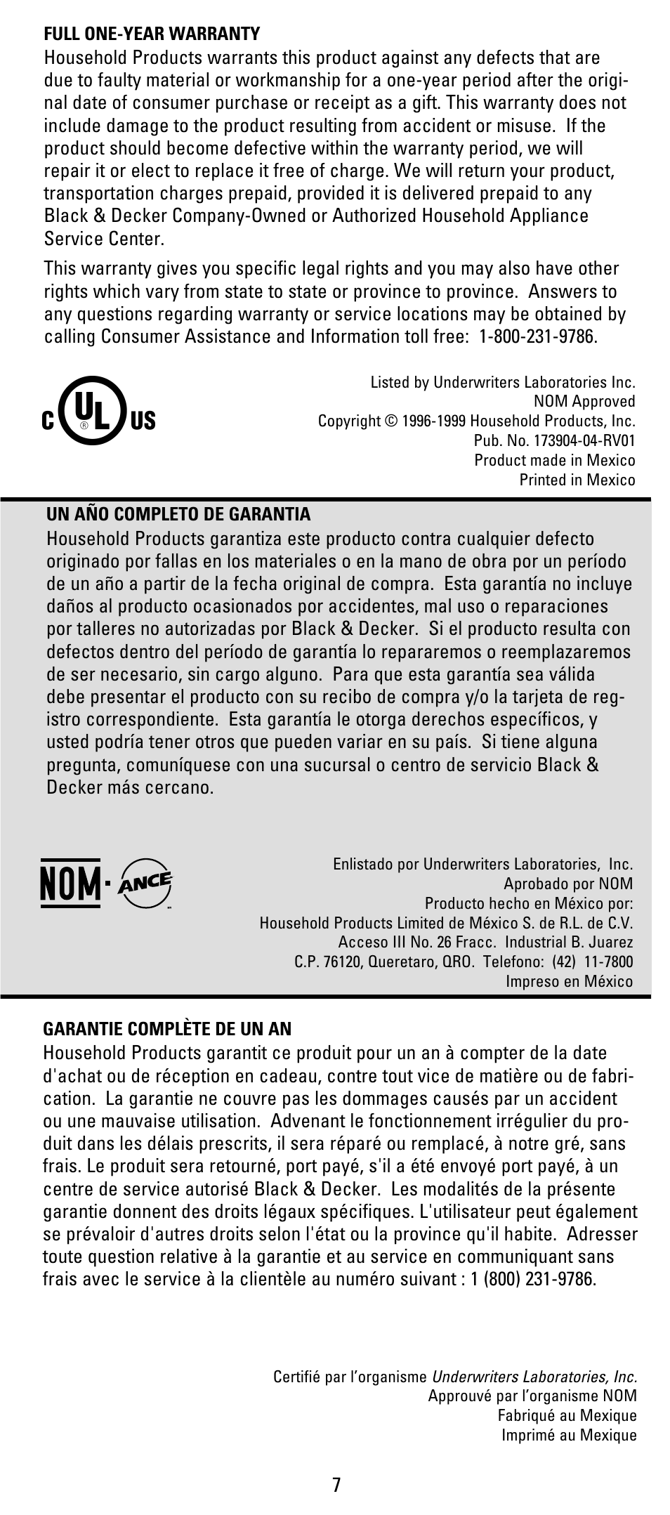 Warranty, Garantia, Garantie | Black & Decker X700 User Manual | Page 7 / 16