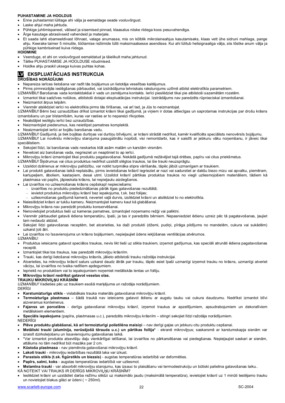 Lv ekspluat cijas instrukcija | Scarlett SC-2004 User Manual | Page 22 / 34