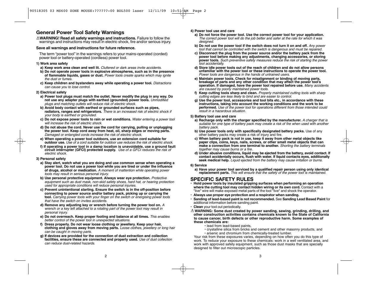 General power tool safety warnings, Specific safety rules | Black & Decker MS600B User Manual | Page 2 / 17