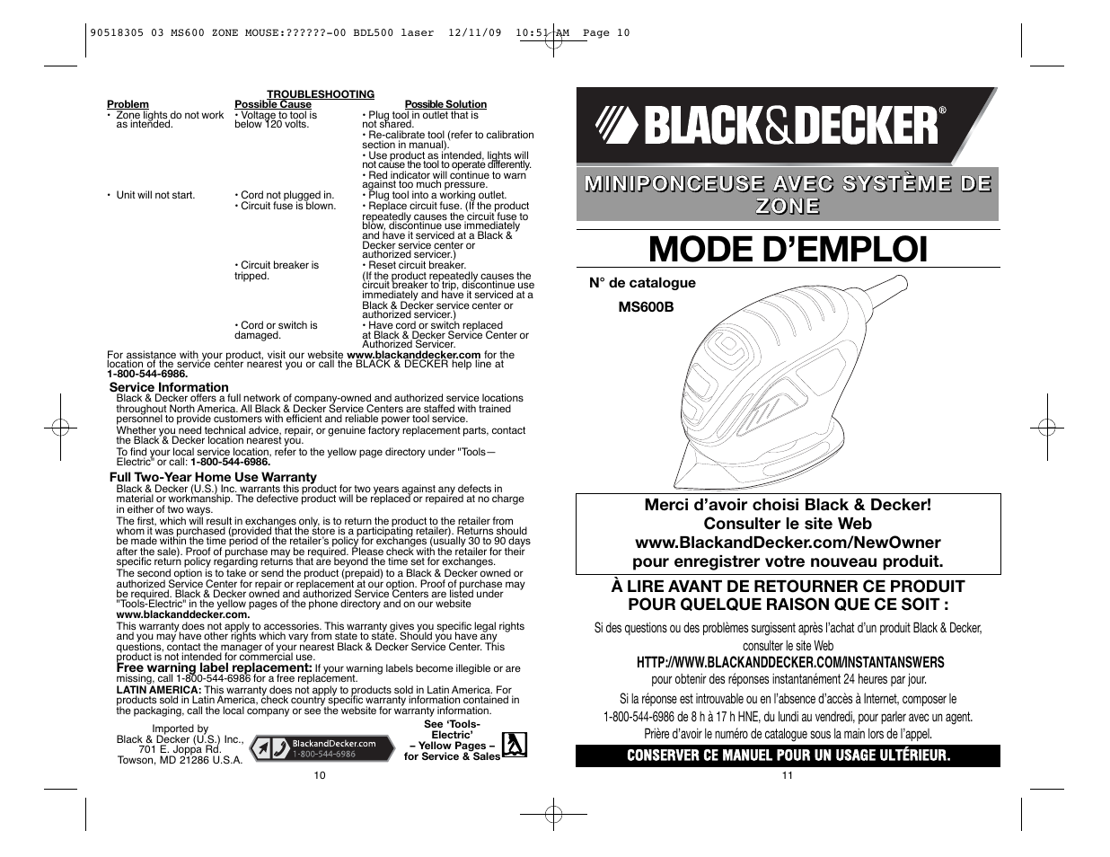 Mode d’emploi | Black & Decker MS600B User Manual | Page 6 / 17