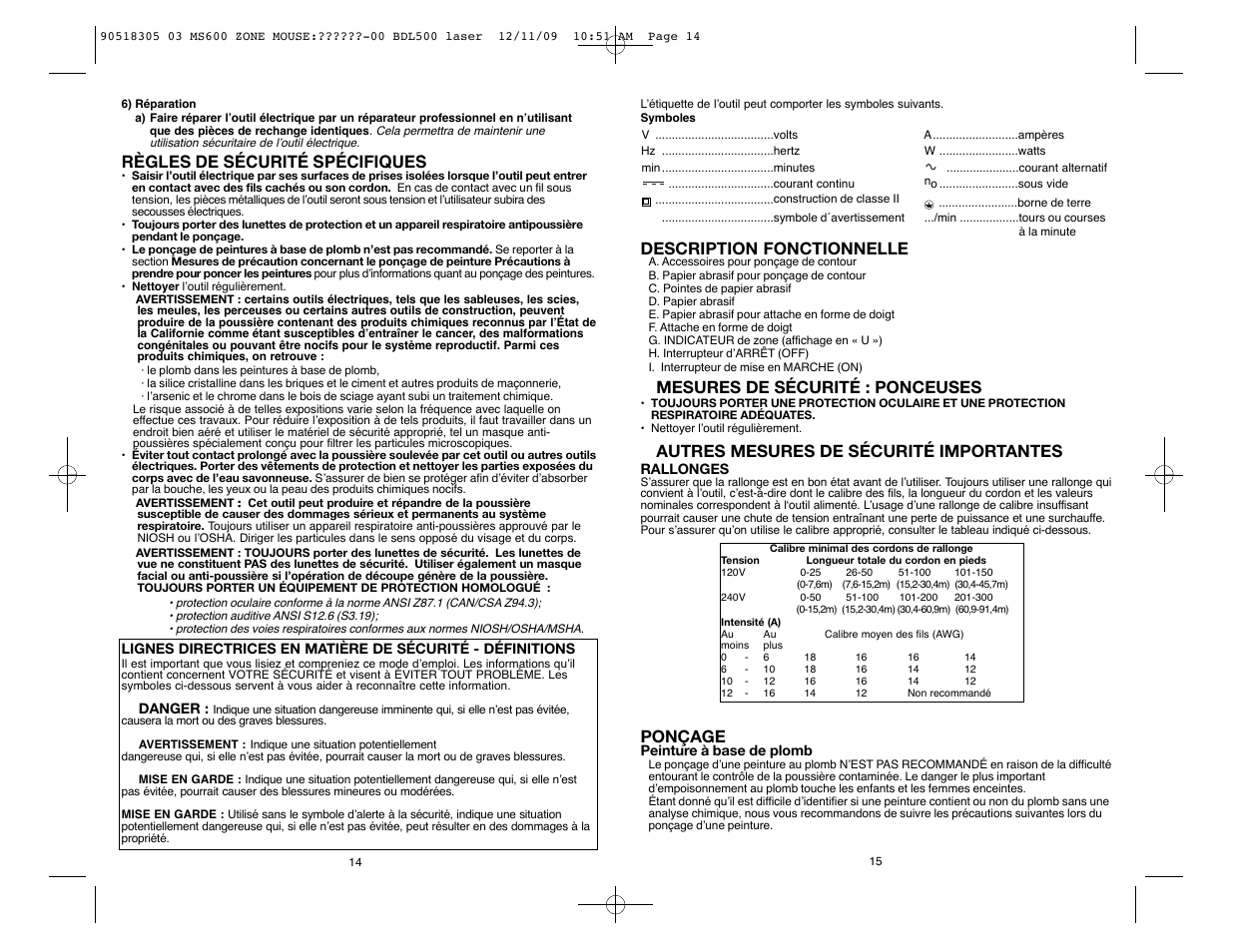 Description fonctionnelle, Mesures de sécurité : ponceuses, Autres mesures de sécurité importantes | Ponçage, Règles de sécurité spécifiques | Black & Decker MS600B User Manual | Page 8 / 17