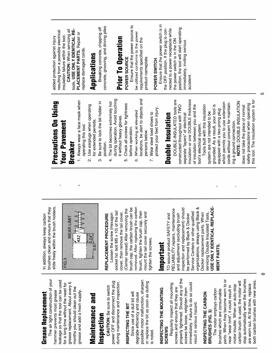 Grease replacement, Mamtenance and inspection, Important | Precautions on using your pavement breaker, Double insulation, Applications, Prior to operation | Black & Decker 5027 User Manual | Page 5 / 6