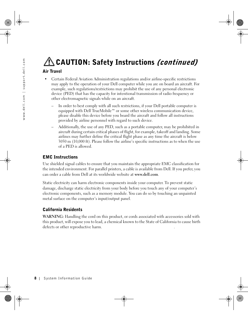 Air travel, Emc instructions, California residents | Caution: safety instructions (continued) | Dell Precision M60 User Manual | Page 10 / 144