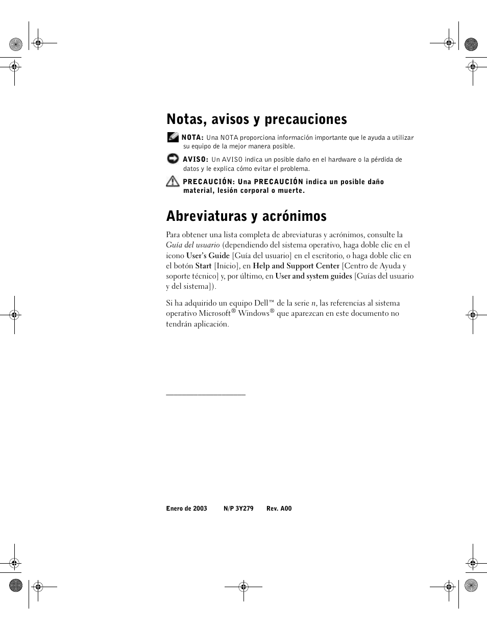 Notas, avisos y precauciones, Abreviaturas y acrónimos | Dell Precision M60 User Manual | Page 112 / 144